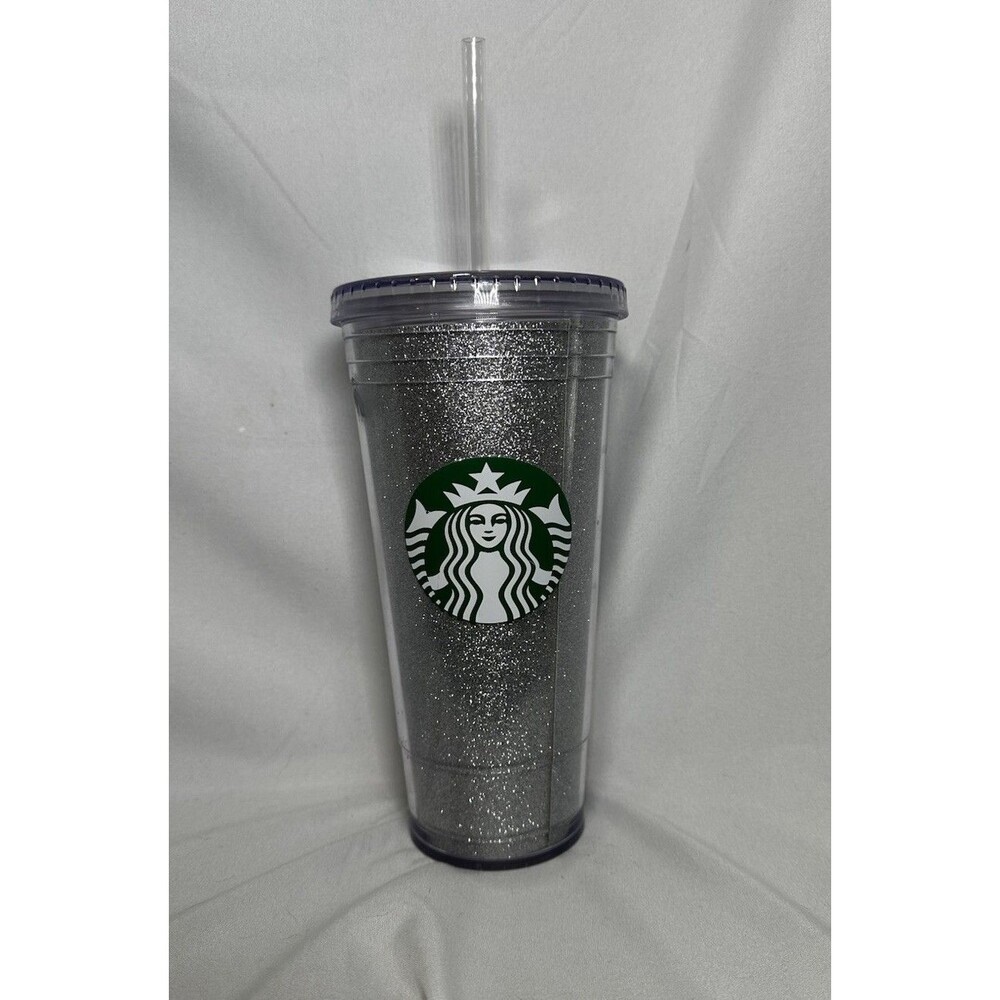 Starbucks 20 oz. Plastic Tumbler Metallic Silver Screw-On Lid w/ Straw 2018